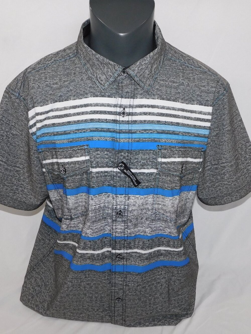 DRIPDRY Mens  XXL Gray Blue Striped Ultra Quick Drying Button Front SS Shirt